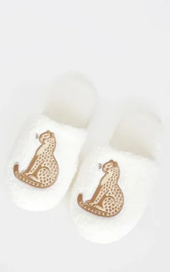 Cream Cheetah Applique Borg Slippers