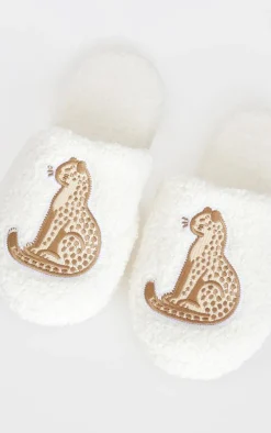 Cream Cheetah Applique Borg Slippers