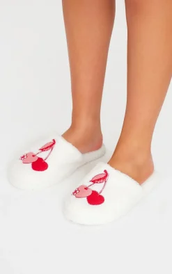 Cream Cherry Applique Borg Slippers