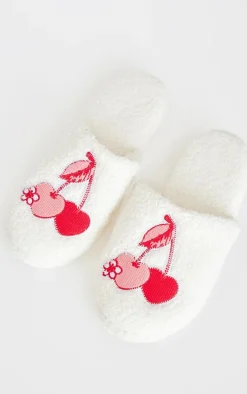 Cream Cherry Applique Borg Slippers