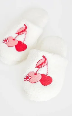 Cream Cherry Applique Borg Slippers