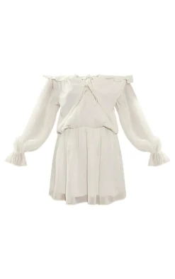 Cream Chiffon Frill Bardot Shift Dress