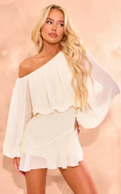 Cream Chiffon One Shoulder Floaty Skort Romper