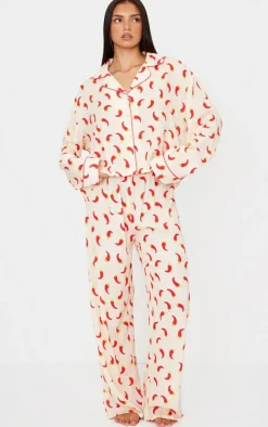 Cream Chilli Print Crinkle Long Pj Set