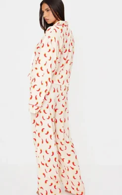 Cream Chilli Print Crinkle Long Pj Set