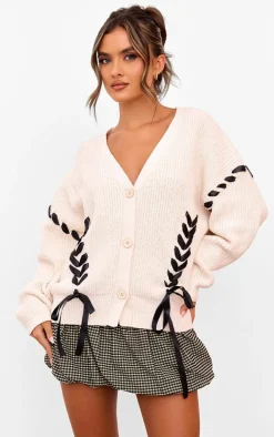 Cream Chunky Knit Ribbon Detail Cardigan