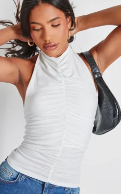 Cream Contour Jersey Ruched Halterneck Long Top