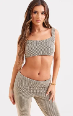 Cream Contrast Crinkle Rib Crop Top