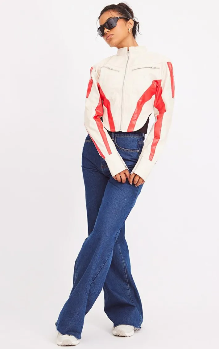 Cream Contrast Panel Detail Dipped Front Faux Leather Jacket
