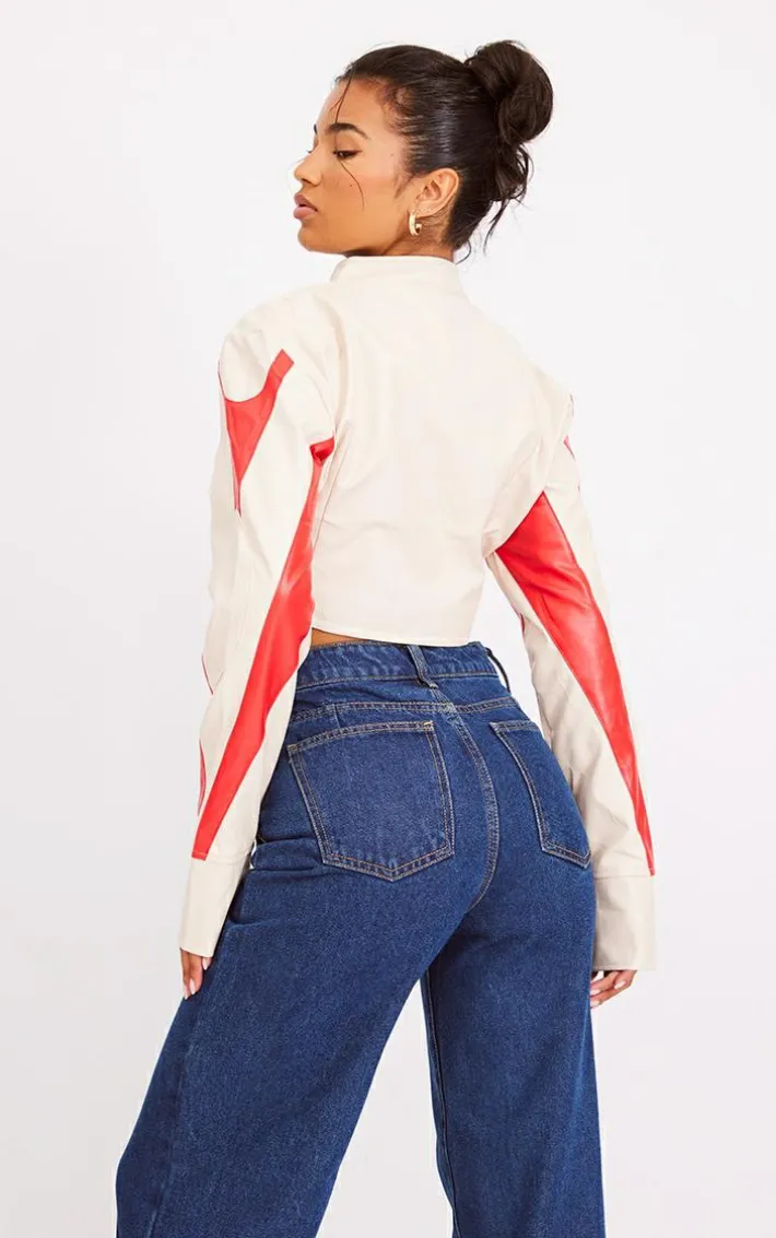 Cream Contrast Panel Detail Dipped Front Faux Leather Jacket