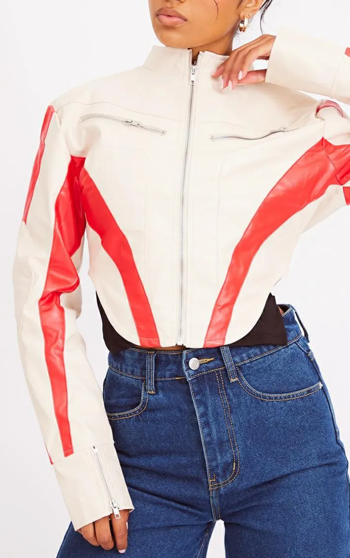 Cream Contrast Panel Detail Dipped Front Faux Leather Jacket