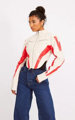 Cream Contrast Panel Detail Dipped Front Faux Leather Jacket