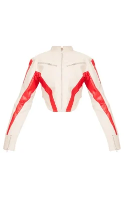 Cream Contrast Panel Detail Dipped Front Faux Leather Jacket