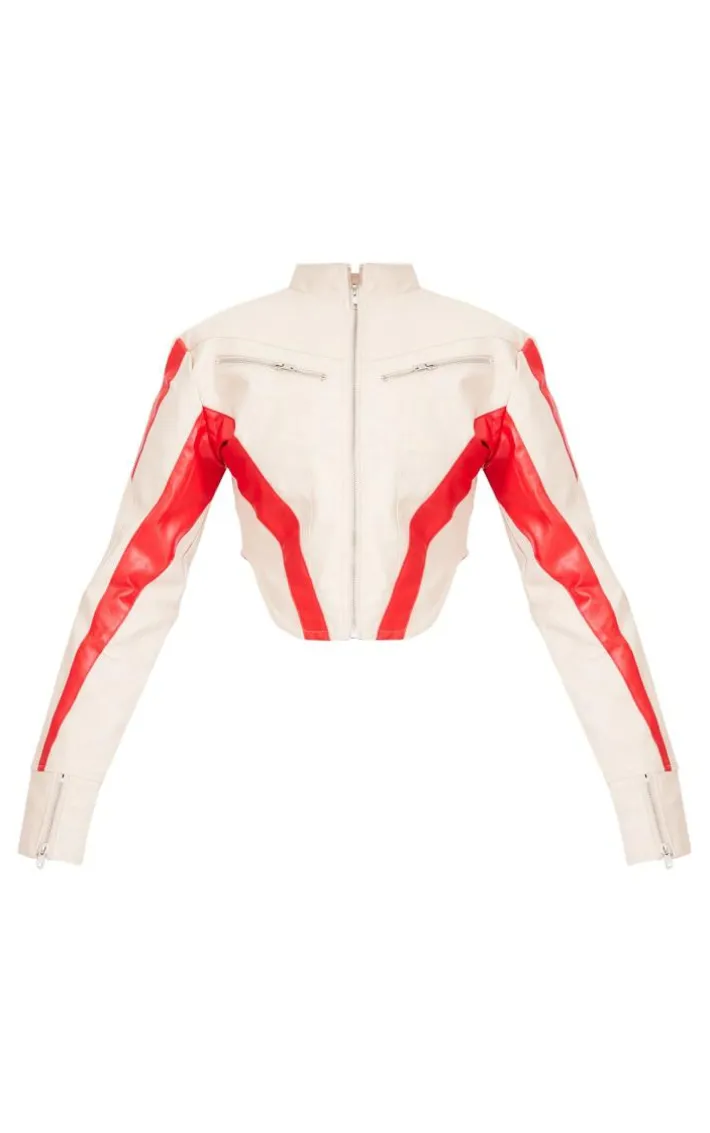Cream Contrast Panel Detail Dipped Front Faux Leather Jacket