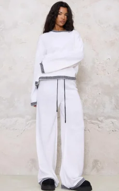 Cream Contrast Stitch Detail Knit Drawstring Waist Pants