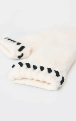 Cream Contrast Stitch Knit Mittens