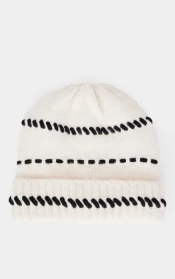 Cream Contrast Stitch Knit Beanie