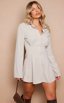 Cream Cord Flared Sleeve Button Shift Dress
