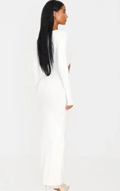 Cream Cotton Twist Cut Out Long Sleeve Midaxi Dress