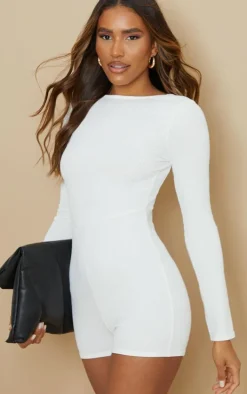 Cream Crinkle Rib Open Back Long Sleeve Romper