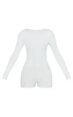 Cream Crinkle Rib Open Back Long Sleeve Romper