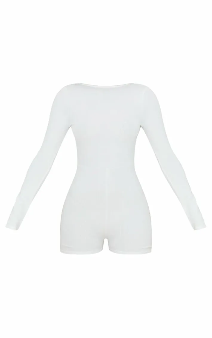 Cream Crinkle Rib Open Back Long Sleeve Romper
