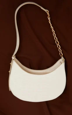 Cream Croc Crescent Mixed Chain Strap Shoulder Bag