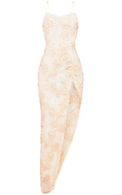 Cream Crochet Floral Detail Ruched Midi Dress