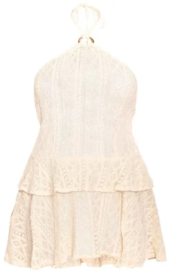 Cream Crochet Halterneck Frill Detail Shift Dress