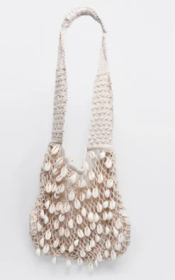 Cream Crochet Knit Shell Detail Beach Shopper Bag
