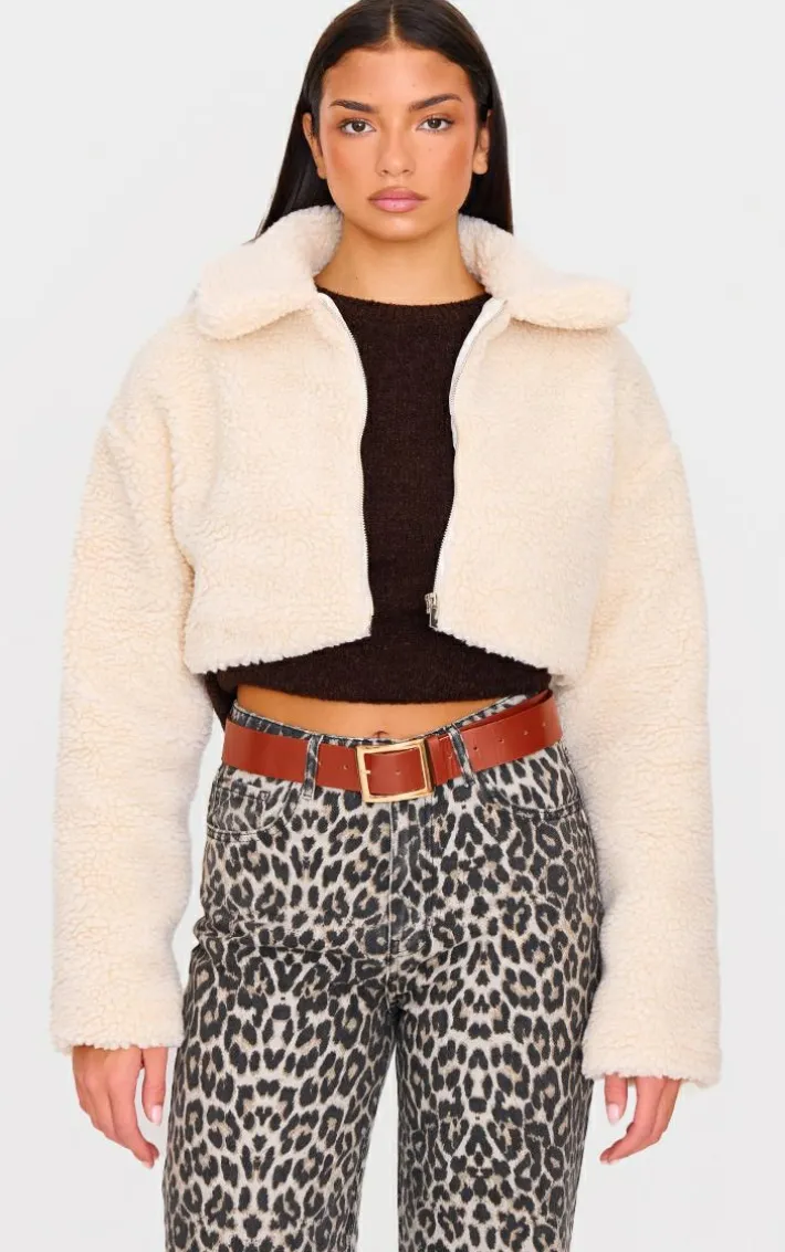 Cream Cropped Borg Zip Up Jacket