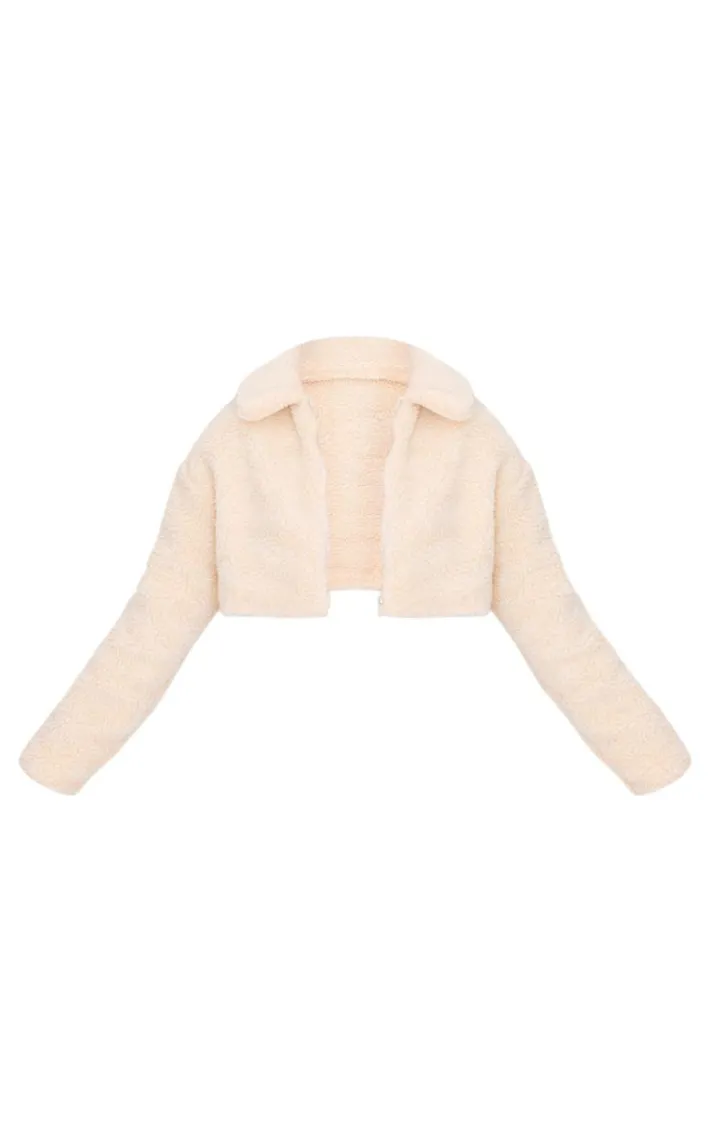 Cream Cropped Borg Zip Up Jacket
