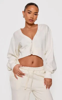 Cream Cropped Button Front Sweatshirt