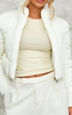 Cream Curved Collar Seam Detail Cropped Puffer Jacket