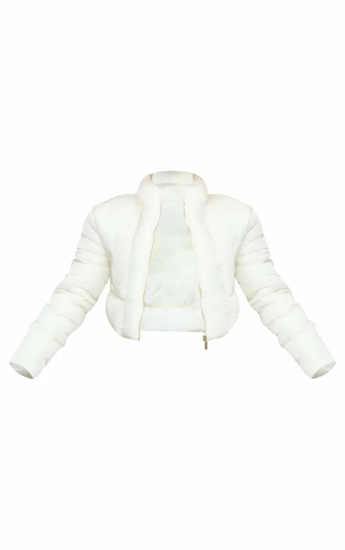 Cream Curved Collar Seam Detail Cropped Puffer Jacket
