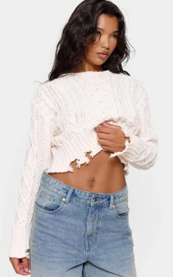 Cream Distressed Cable Knit Cropped Sweater