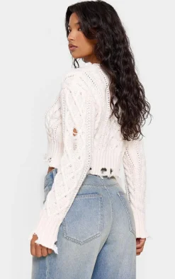 Cream Distressed Cable Knit Cropped Sweater