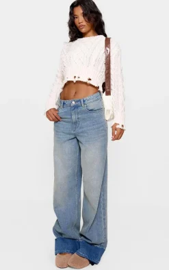 Cream Distressed Cable Knit Cropped Sweater