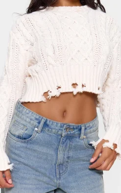 Cream Distressed Cable Knit Cropped Sweater