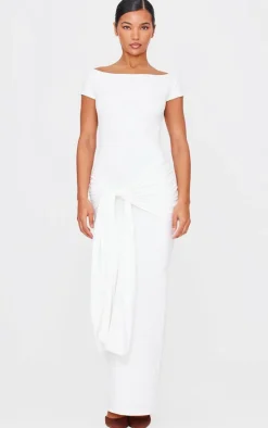 Cream Double Contour Boat Neck Wrap Maxi Dress