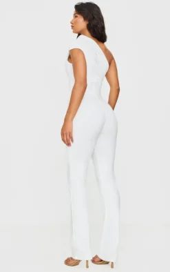 Cream Double Layer Contour Jersey Asymmetric Ruched Detail Jumpsuit