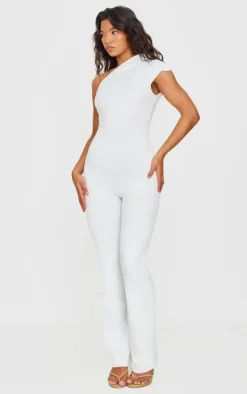 Cream Double Layer Contour Jersey Asymmetric Ruched Detail Jumpsuit