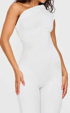 Cream Double Layer Contour Jersey Asymmetric Ruched Detail Jumpsuit