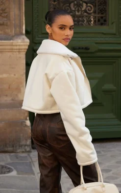 Cream Dropped Shoulder Cropped Fur Contrast Jacket