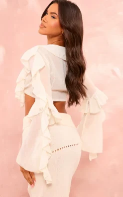 Cream Extreme Frill Tie Front Flare Sleeve Blouse