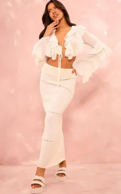 Cream Extreme Frill Tie Front Flare Sleeve Blouse