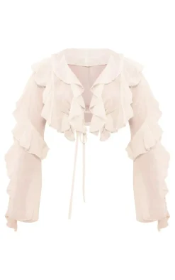 Cream Extreme Frill Tie Front Flare Sleeve Blouse