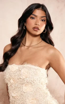 Cream Eyelash Bandeau Rose Detail Mini Dress