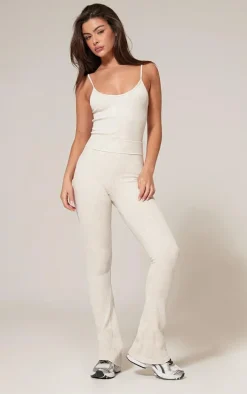 Cream Faded Snatched Rib Flared Folded Waist Pants