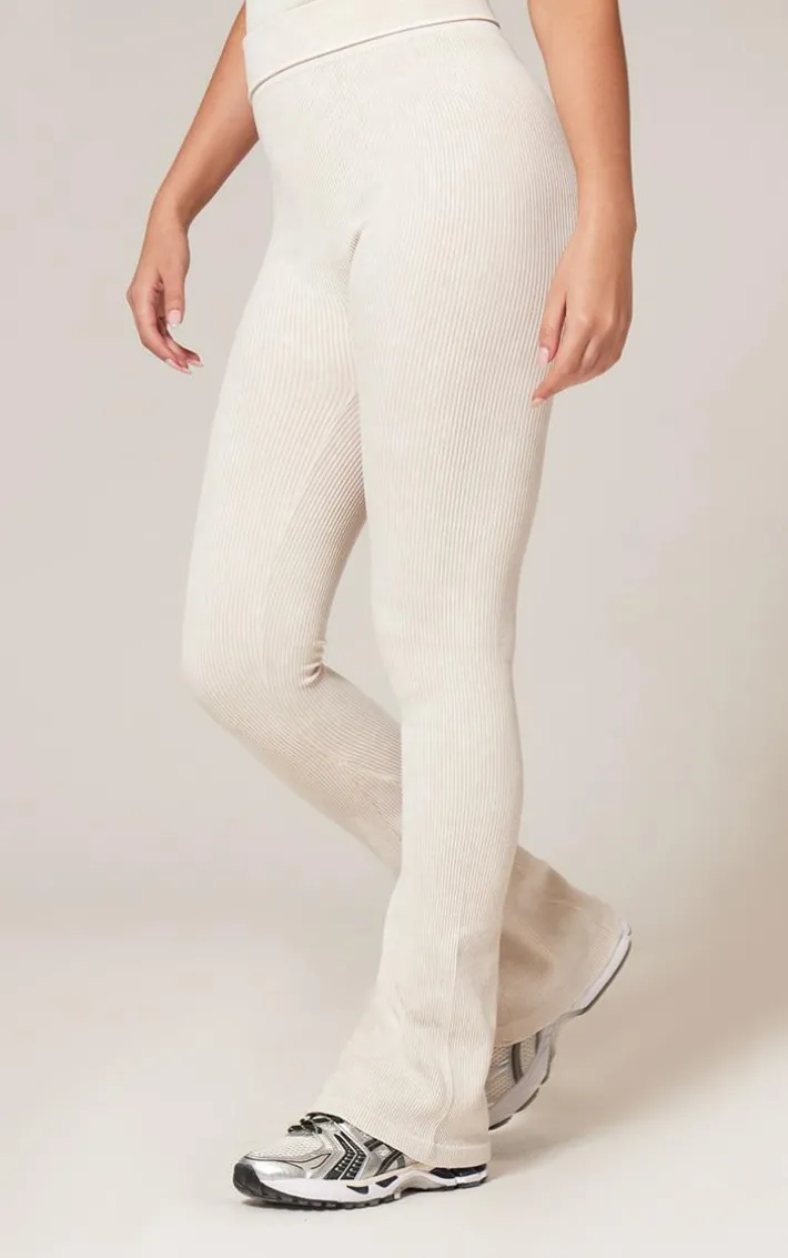 Cream Faded Snatched Rib Flared Folded Waist Pants